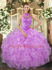 High End Lavender Halter Top Lace Up Beading and Ruffles Quinceanera Gown Sleeveless