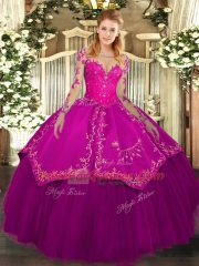 Custom Fit Lace and Embroidery Quinceanera Gowns Fuchsia Lace Up Long Sleeves Floor Length