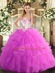 Classical Beading and Ruffles Quinceanera Dress Rose Pink Lace Up Sleeveless Floor Length