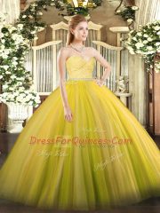 Decent Gold Tulle Zipper Quinceanera Dresses Sleeveless Floor Length Beading and Lace