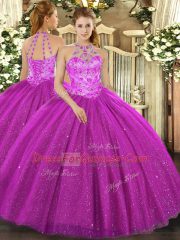 Halter Top Sleeveless Sweet 16 Quinceanera Dress Floor Length Beading and Embroidery and Sequins Fuchsia Tulle