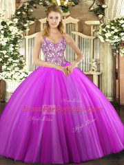 Gorgeous Sleeveless Floor Length Beading and Appliques Lace Up Quinceanera Gown with Lilac