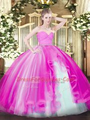 Hot Sale Sleeveless Floor Length Beading and Lace and Ruffles Zipper Ball Gown Prom Dress with Fuchsia
