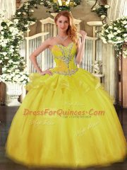 Sleeveless Floor Length Beading Lace Up Vestidos de Quinceanera with Gold