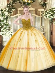 Ball Gowns 15 Quinceanera Dress Gold Sweetheart Tulle Sleeveless Floor Length Lace Up