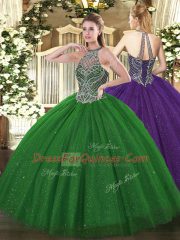 Dramatic Halter Top Sleeveless Tulle Sweet 16 Dresses Beading Lace Up