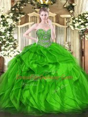 Deluxe Green Ball Gowns Sweetheart Sleeveless Organza Floor Length Lace Up Beading and Ruffles Quinceanera Dresses