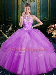 Best Lilac 15th Birthday Dress Military Ball and Sweet 16 and Quinceanera with Beading and Pick Ups Halter Top Sleeveless Lace Up