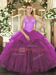 Fantastic Fuchsia Organza Lace Up Quinceanera Gowns Sleeveless Floor Length Beading and Ruffles