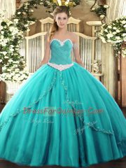 Turquoise Tulle Lace Up Quinceanera Gown Sleeveless Brush Train Appliques