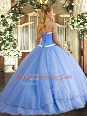 Turquoise Tulle Lace Up Quinceanera Gown Sleeveless Brush Train Appliques