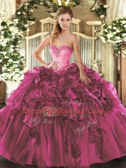 Fuchsia Ball Gowns Sweetheart Sleeveless Organza Floor Length Lace Up Beading and Ruffles Quince Ball Gowns