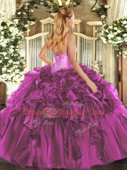 Fuchsia Ball Gowns Sweetheart Sleeveless Organza Floor Length Lace Up Beading and Ruffles Quince Ball Gowns