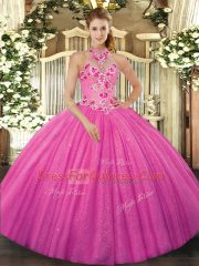 Superior Halter Top Sleeveless Lace Up Sweet 16 Quinceanera Dress Hot Pink Tulle
