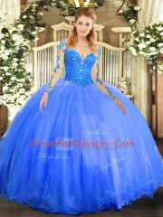 Affordable Blue Tulle Lace Up Sweet 16 Quinceanera Dress Long Sleeves Floor Length Lace