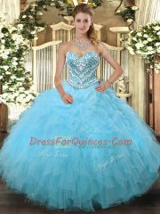 Aqua Blue Lace Up Sweetheart Beading and Ruffles 15 Quinceanera Dress Tulle Sleeveless