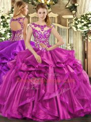 Fuchsia Sleeveless Floor Length Beading and Appliques and Ruffles Lace Up Ball Gown Prom Dress