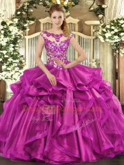 Fuchsia Sleeveless Floor Length Beading and Appliques and Ruffles Lace Up Ball Gown Prom Dress