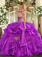 Fuchsia Sleeveless Floor Length Beading and Appliques and Ruffles Lace Up Ball Gown Prom Dress