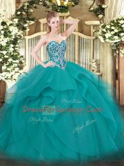 Amazing Floor Length Lace Up Vestidos de Quinceanera Teal for Military Ball and Sweet 16 and Quinceanera with Beading and Ruffles