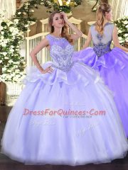 Lavender Ball Gowns Scoop Sleeveless Organza Floor Length Zipper Beading Quince Ball Gowns