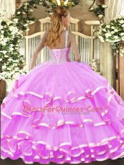 Suitable Sleeveless Floor Length Beading and Ruffled Layers Lace Up Ball Gown Prom Dress with Lilac