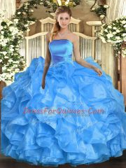 High Class Baby Blue Sleeveless Organza Lace Up Sweet 16 Dress for Military Ball and Sweet 16 and Quinceanera