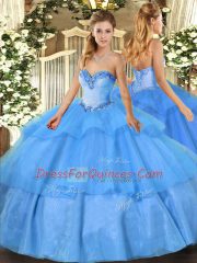 Sweetheart Sleeveless Quince Ball Gowns Floor Length Beading and Ruffled Layers Baby Blue Tulle
