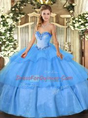 Sweetheart Sleeveless Quince Ball Gowns Floor Length Beading and Ruffled Layers Baby Blue Tulle