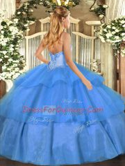 Sweetheart Sleeveless Quince Ball Gowns Floor Length Beading and Ruffled Layers Baby Blue Tulle