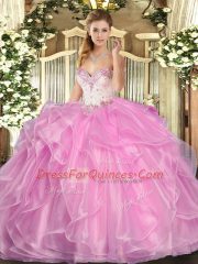Rose Pink Ball Gowns Sweetheart Sleeveless Organza Floor Length Lace Up Beading and Ruffles Quinceanera Gown