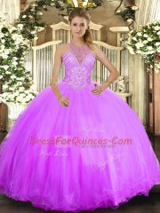 Lilac Lace Up Vestidos de Quinceanera Beading Sleeveless Floor Length