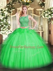 Discount Two Pieces Scoop Sleeveless Tulle Floor Length Lace Up Beading and Ruffles Sweet 16 Quinceanera Dress