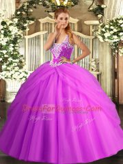 Noble Lilac Sleeveless Tulle Lace Up 15th Birthday Dress for Military Ball and Sweet 16 and Quinceanera