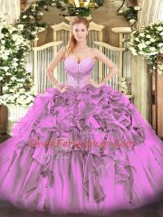Cheap Sweetheart Sleeveless Organza Quince Ball Gowns Beading and Ruffles Lace Up