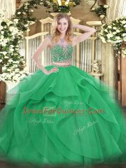 Beauteous Tulle Scoop Sleeveless Lace Up Beading and Ruffles Sweet 16 Dresses in Green