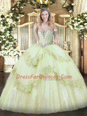 Yellow Green Sweet 16 Quinceanera Dress Military Ball and Sweet 16 and Quinceanera with Beading and Appliques Sweetheart Sleeveless Lace Up