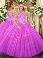 Fuchsia Lace Up Halter Top Beading and Embroidery Sweet 16 Dress Tulle Sleeveless