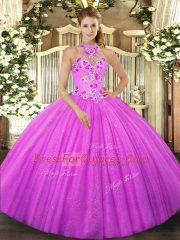 Fuchsia Lace Up Halter Top Beading and Embroidery Sweet 16 Dress Tulle Sleeveless