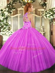 Fuchsia Lace Up Halter Top Beading and Embroidery Sweet 16 Dress Tulle Sleeveless