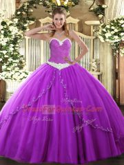 Purple Quince Ball Gowns Military Ball and Sweet 16 and Quinceanera with Appliques Sweetheart Sleeveless Brush Train Lace Up