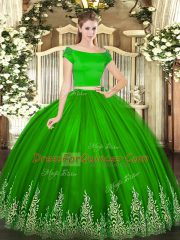 Green Short Sleeves Tulle Zipper Sweet 16 Dress for Military Ball and Sweet 16 and Quinceanera