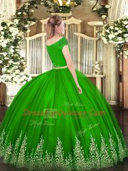 Green Short Sleeves Tulle Zipper Sweet 16 Dress for Military Ball and Sweet 16 and Quinceanera