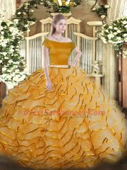 Pretty Orange Off The Shoulder Zipper Appliques and Ruffled Layers Vestidos de Quinceanera Brush Train Short Sleeves