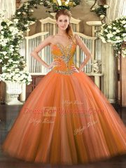 High Class Sleeveless Floor Length Beading Lace Up Quinceanera Gowns with Orange Red