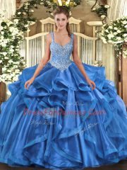 Luxury Blue Organza Lace Up Quinceanera Dresses Sleeveless Floor Length Beading and Ruffles