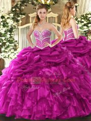 Fuchsia Sweetheart Neckline Beading and Ruffles and Pick Ups 15th Birthday Dress Sleeveless Lace Up
