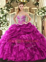 Fuchsia Sweetheart Neckline Beading and Ruffles and Pick Ups 15th Birthday Dress Sleeveless Lace Up
