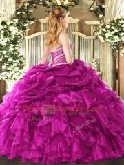Fuchsia Sweetheart Neckline Beading and Ruffles and Pick Ups 15th Birthday Dress Sleeveless Lace Up