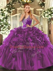 Designer Eggplant Purple Ball Gowns Beading and Ruffles Ball Gown Prom Dress Lace Up Organza Sleeveless Floor Length